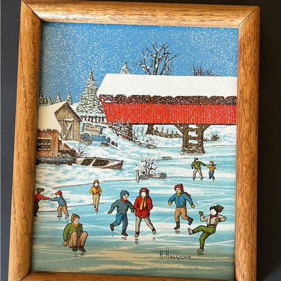 H.Hargrove Painting On Canvas;Ice-skating children on the pond; original signed; - Picture 1 of 6
